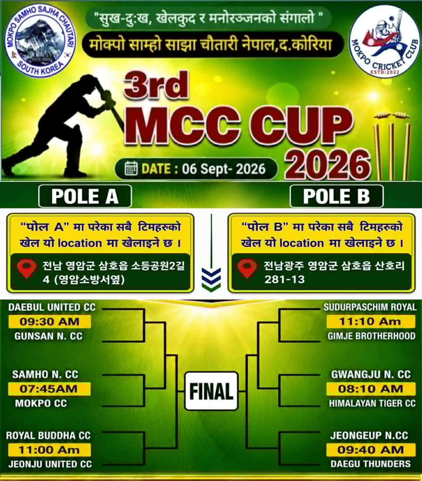 तेस्रो एमसीसी कप क्रिकेट प्रतियोगिता सेप्टेम्बर ६ मा, १६ टोली उपाधिका लागि भिड्दै